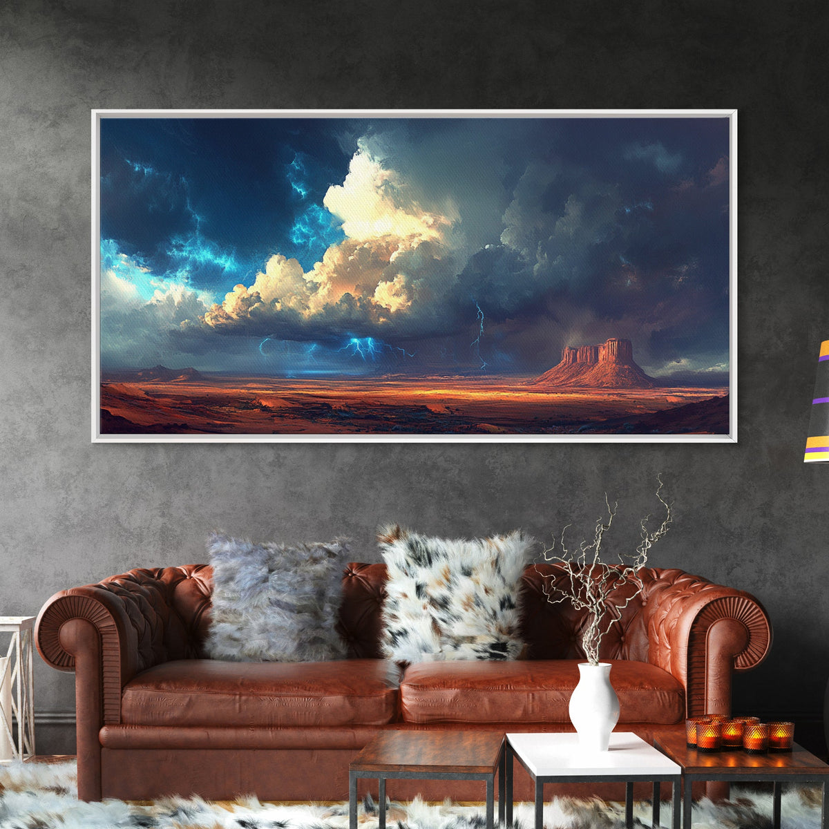 Southwest storm, desert lightning, panoramic art, framed canvas print, mountain painting, extra wide art, dramatic wall art