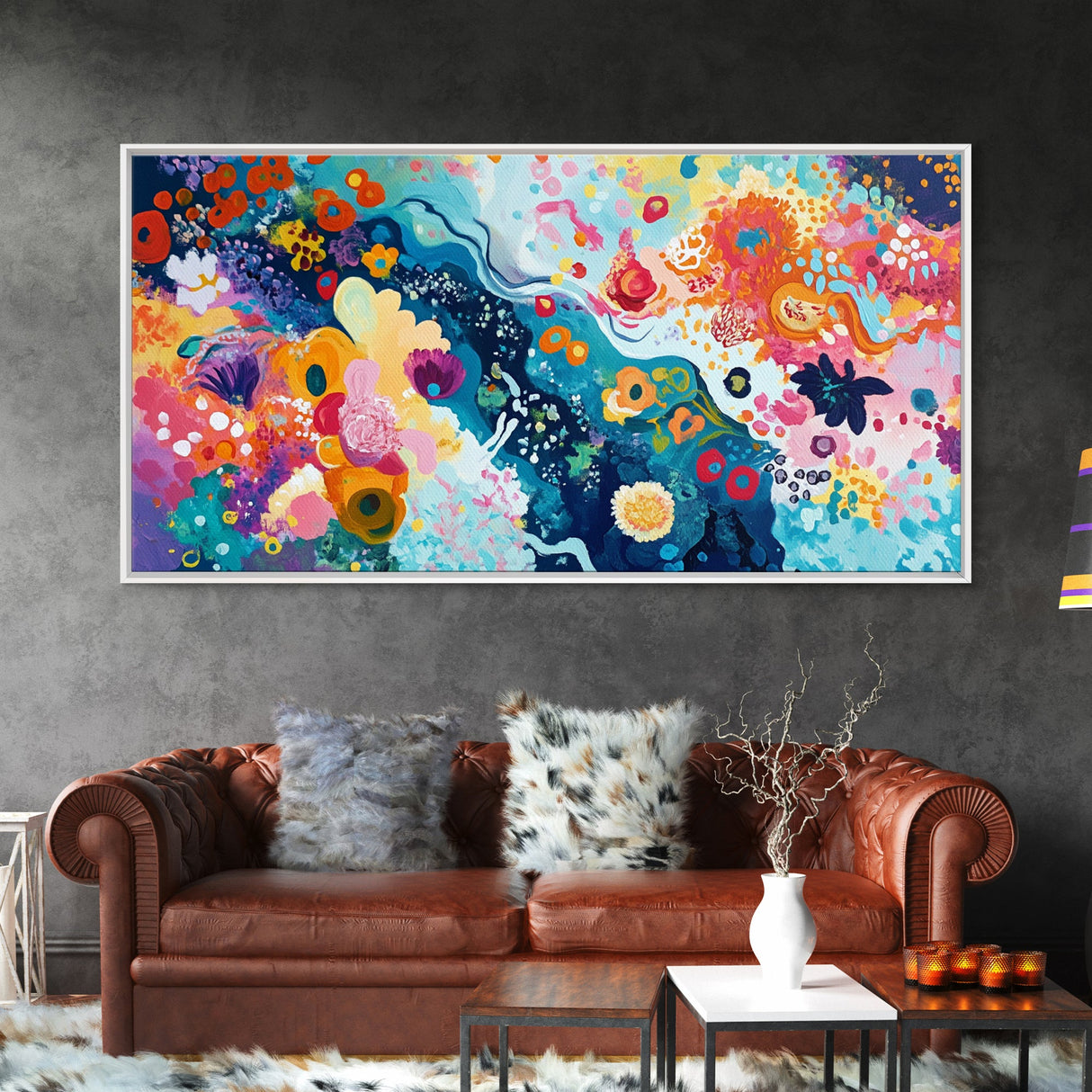 Floral abstract, whimsical art, colorful wildflowers, framed canvas print, botanical prints, pink orange wall art