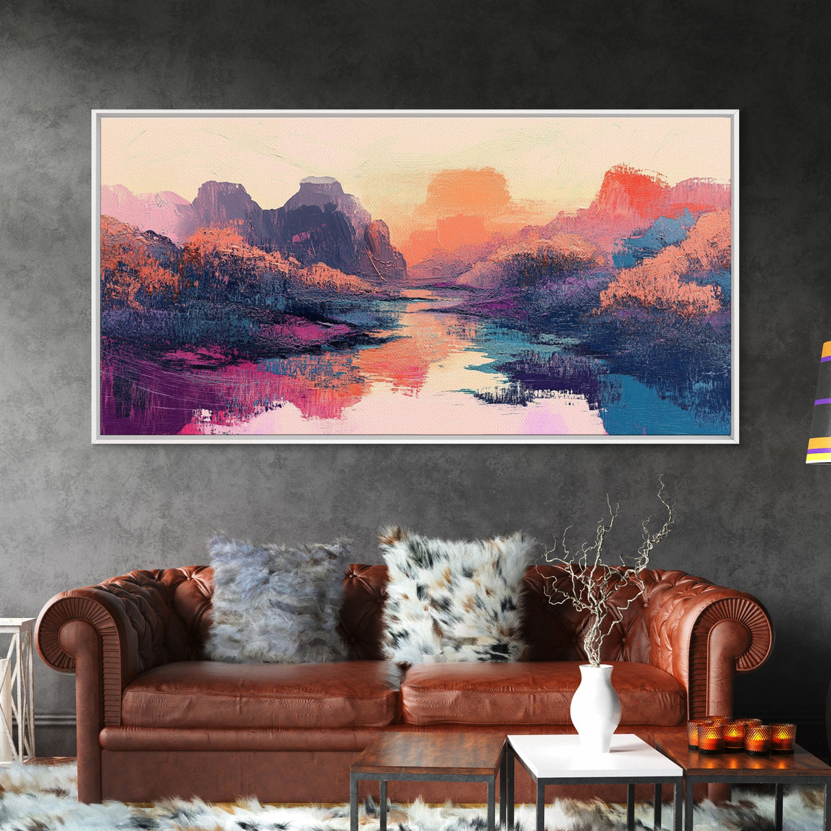 Sunset Landscape, Pink Orange Wall Art, Moody Art, Southwest Wall Art, Extra Wide Art, Horizontal Wall Art, Framed Canvas Print, Above Bed Art