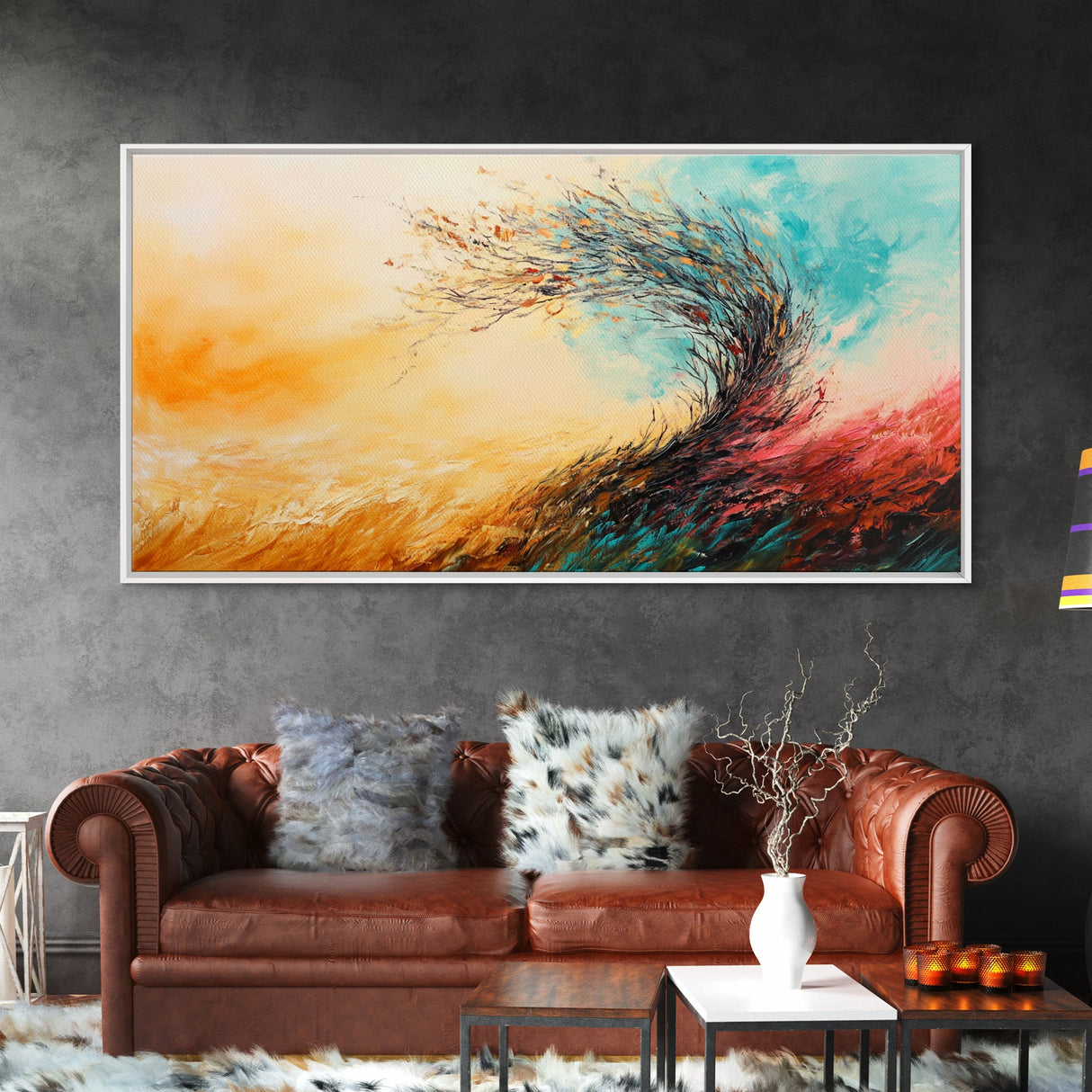 Windy Autumn, Framed Canvas Print, fall wall art, abstract landscape, extra wide painting, panoramic painting, autumn decor