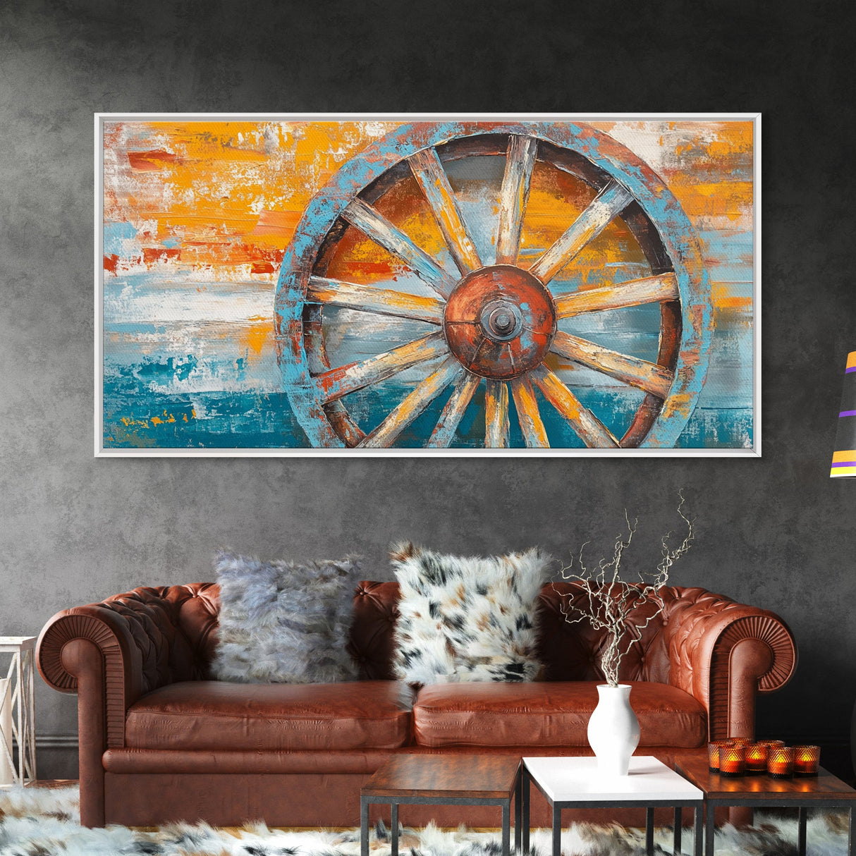 Rustic Wagon Wheel, Canvas Print, western wall art, rustic decor, farmhouse art, extra wide painting, horizontal wall art
