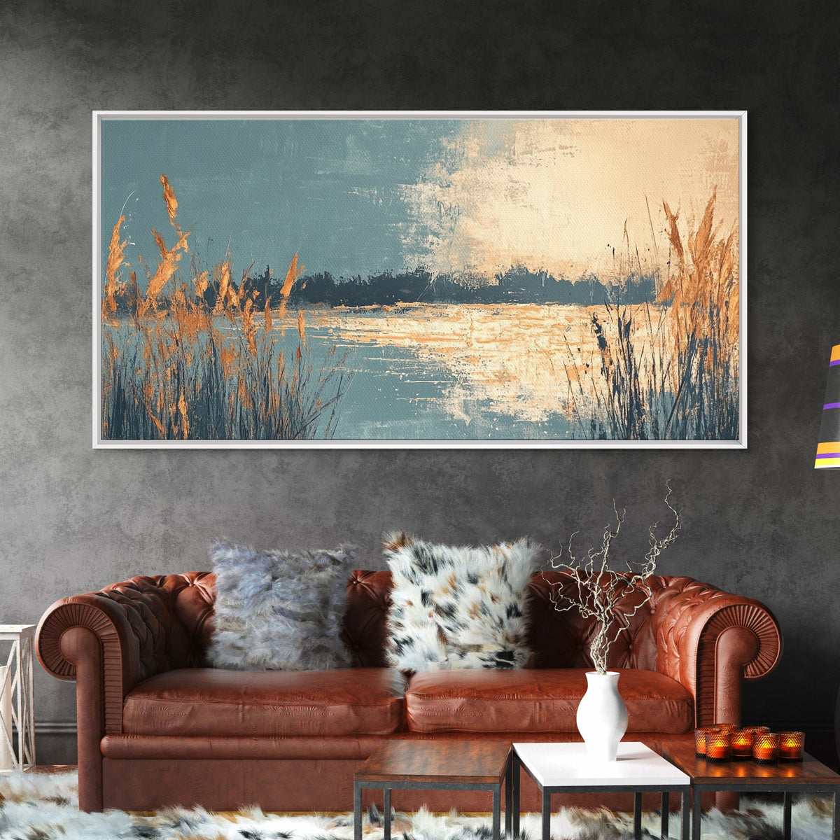 Marsh Landscape, Canvas Print, wabi sabi art, extra wide painting, panoramic wall art, minimalist landscape, soft neutral tones