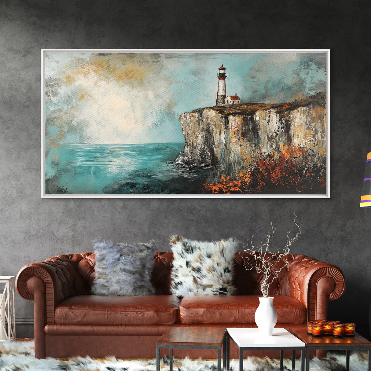 Lighthouse at Cliff, nautical wall art, coastal decor, dramatic seascape painting, panoramic painting, Framed Canvas Print, above sofa art