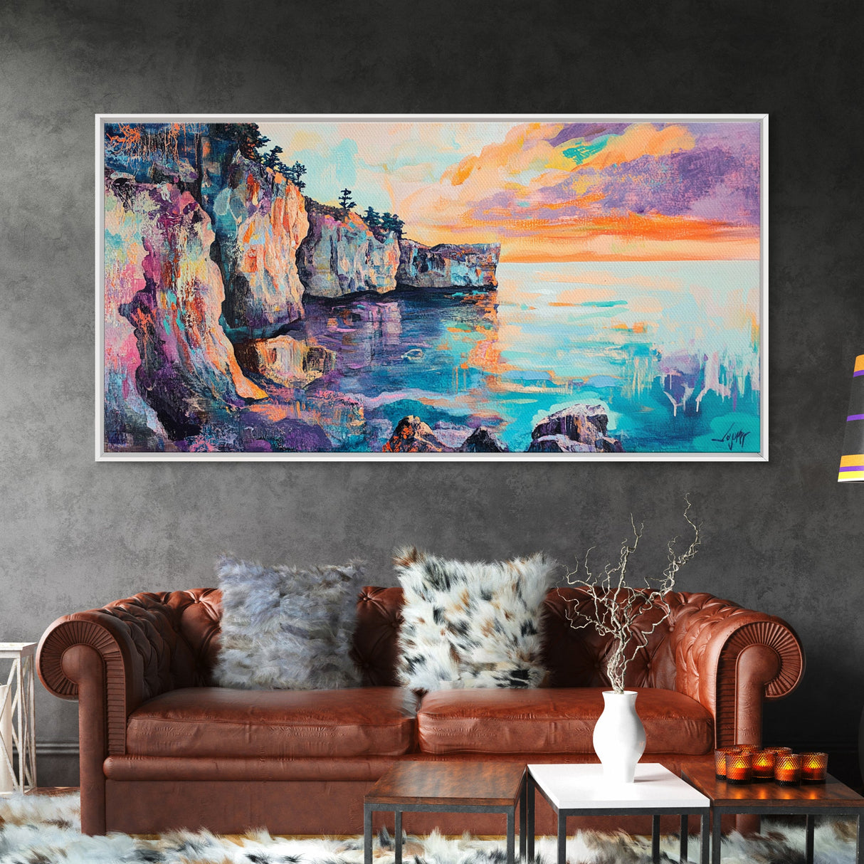 Sunset Over Cliffs, Coastal Painting, Ocean Landscape, Coastal Decor, Nautical Wall Art, Horizontal Wall Art, Framed Canvas Print