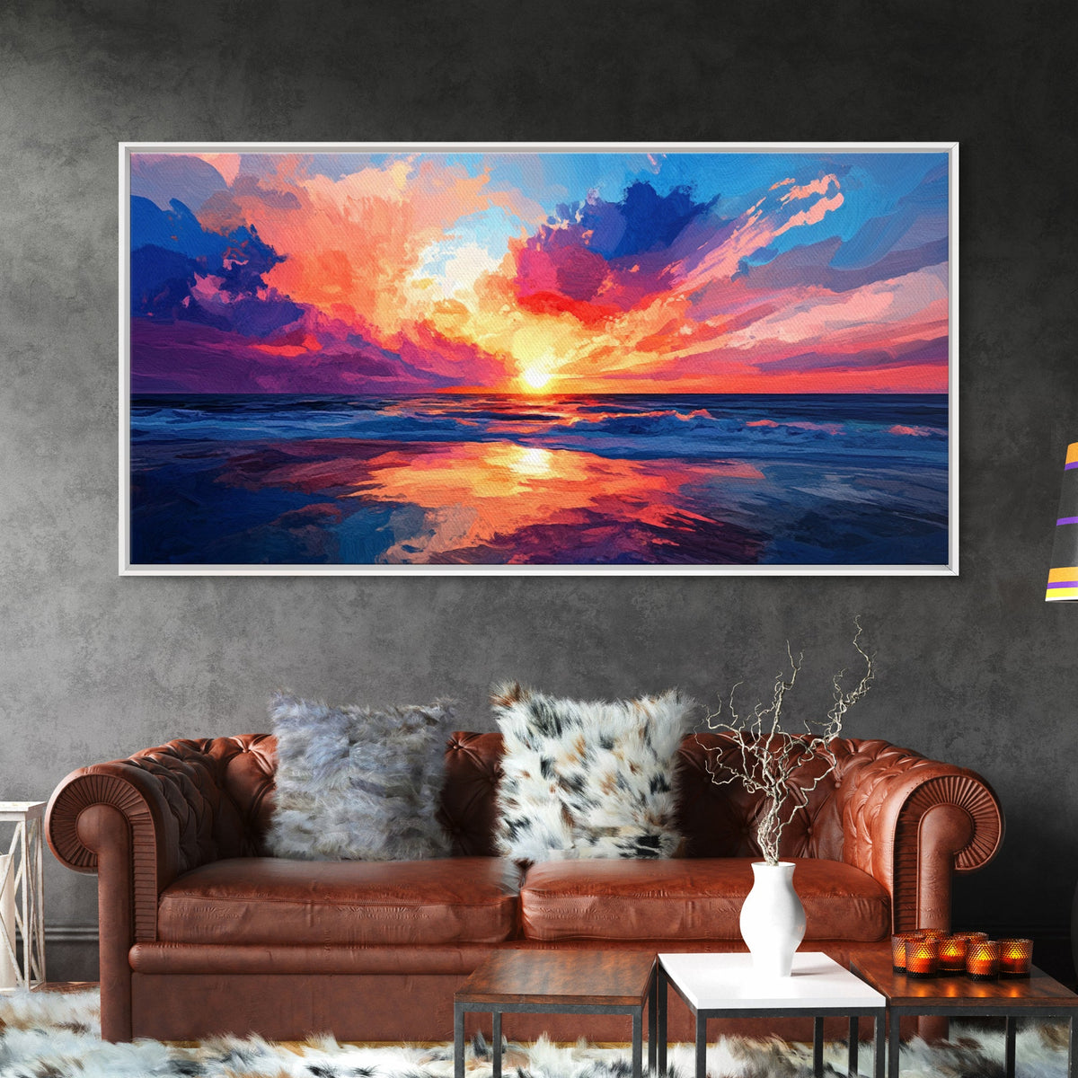 Sunset Beach, pink orange wall art, seascape painting, coastal wall art, panoramic art, ocean waves, extra wide art, Canvas Print
