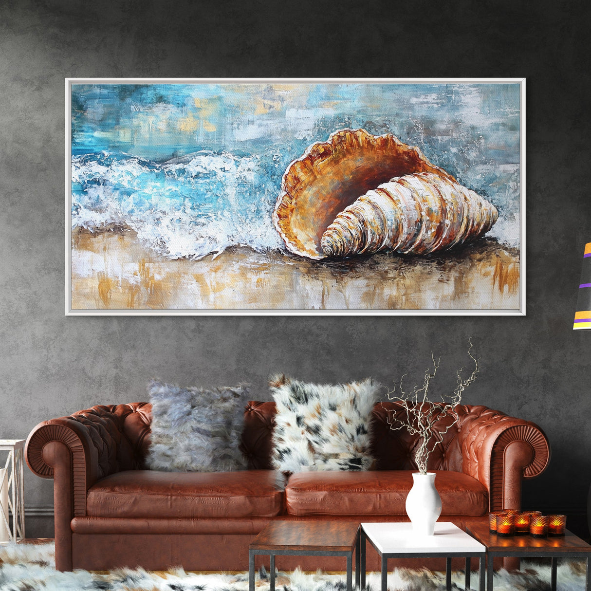 Seashell Art, Coastal Landscape, Nautical Wall Art, Rustic Wall Art, Extra Wide Art, Horizontal Wall Art, Framed Canvas Print, Beach House Decor