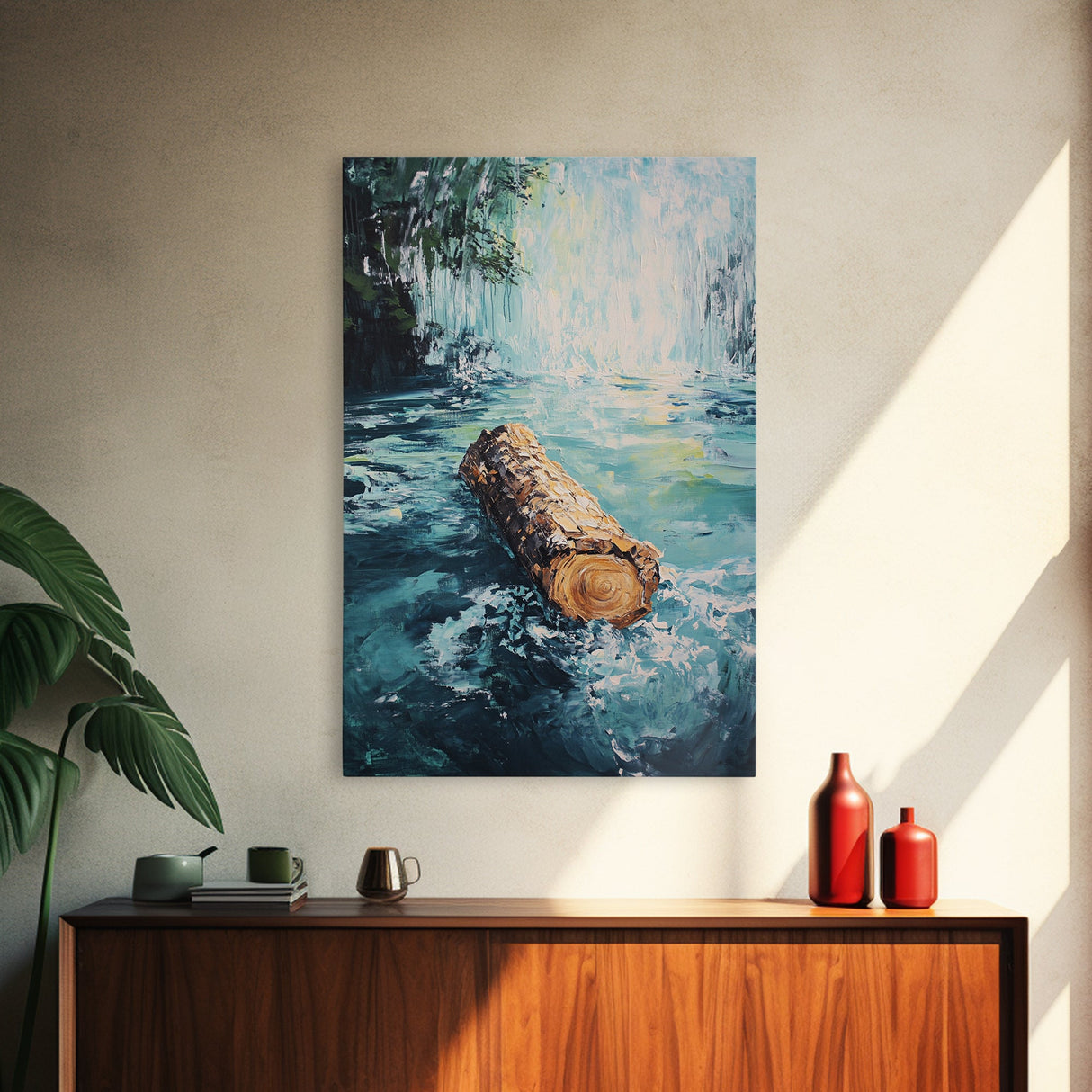 Log in Water, Forest at Dusk Painting, Rustic Nature Scene, Moody Wall Art, Blue and Green Decor, Framed Canvas Print