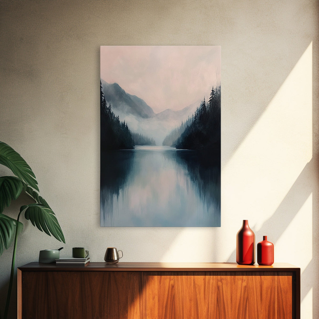 Misty Lake, mountain painting, smoky mountain art, panoramic painting, blue and green wall art, framed canvas print, moody art