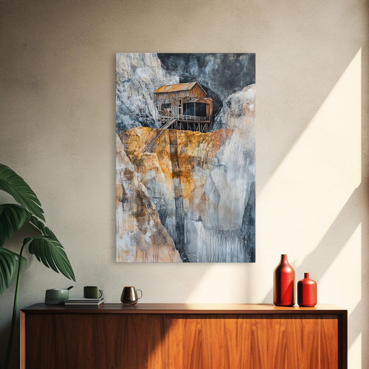 Rustic Cabin on Cliff, barn landscape painting, rustic art, farmhouse art, wabi sabi art, vintage horse art, Framed Canvas Print
