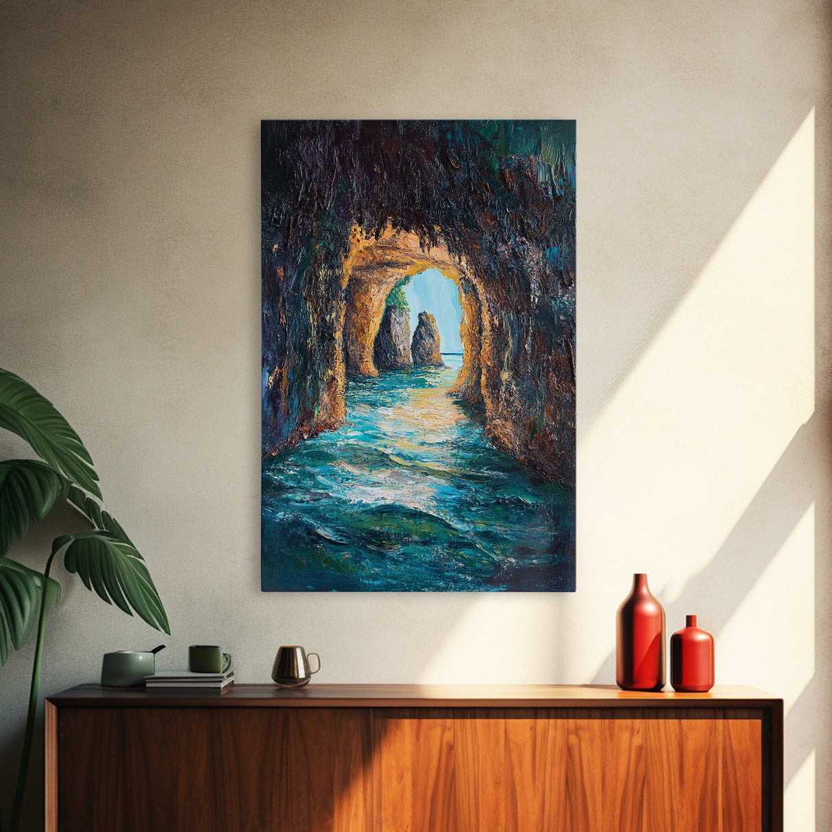 Sunlit Ocean Grotto, seascape painting, nautical painting, tropical wall art, blue and green wall art, Framed Canvas Print