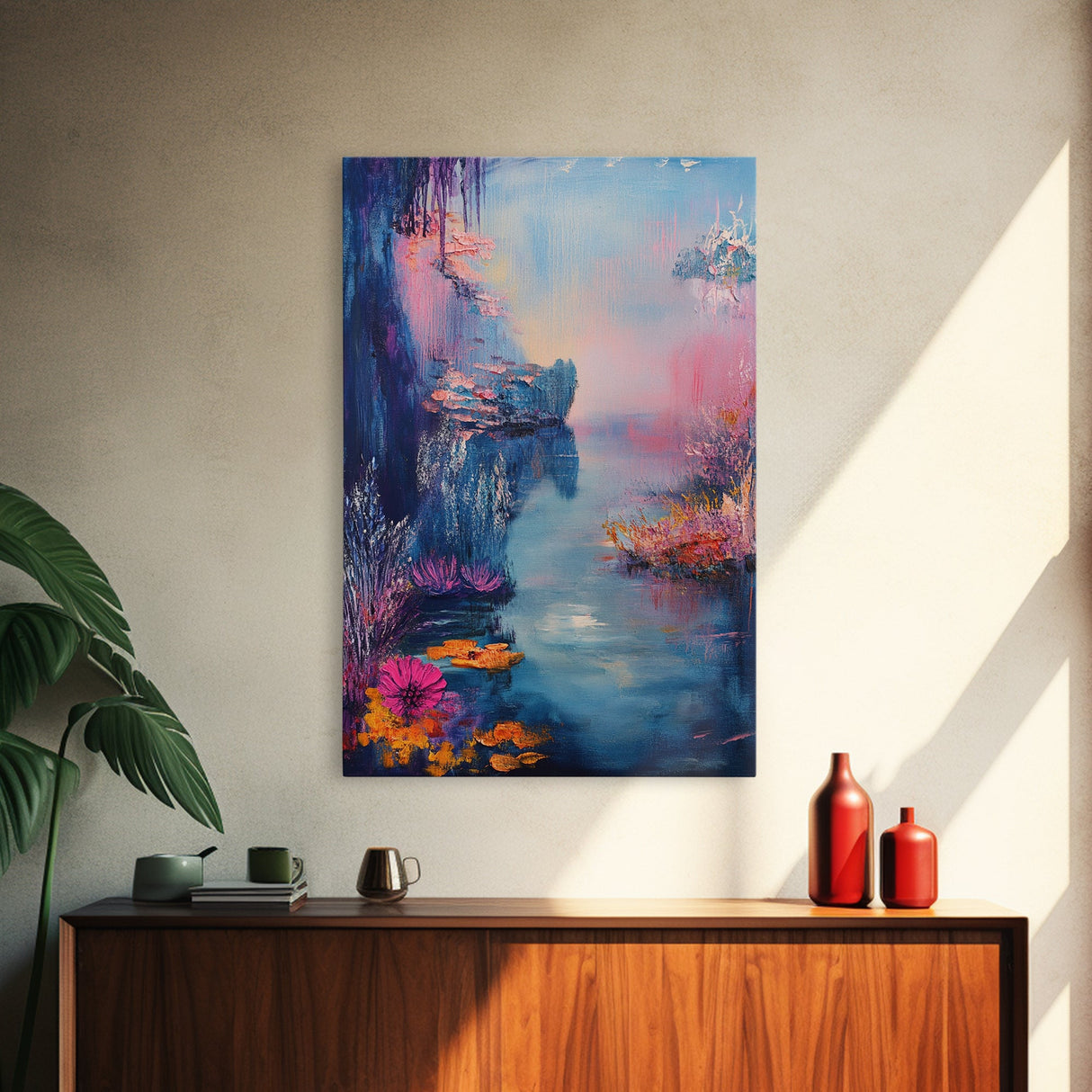 Dreamy Lake Scene, pink abstract art, blue and green wall art, moody art, vertical wall art, framed canvas print, living room art