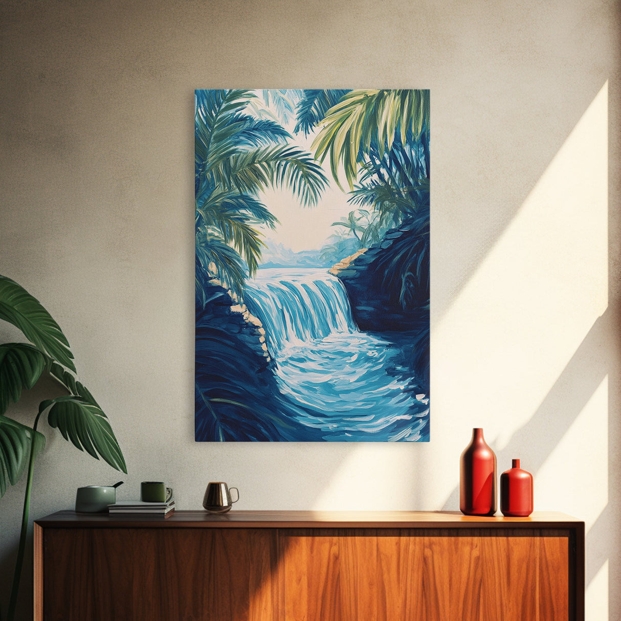 Jungle Waterfall View, tropical landscape painting, botanical prints, blue and green wall art, canvas print, extra wide art
