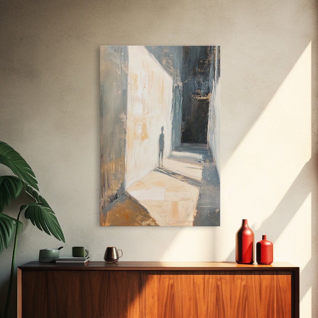 Shadowed Hallway, moody art, wabi sabi wall art, minimalist art, vertical wall art, framed canvas print, above bed wall art