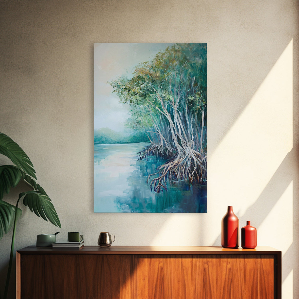Mangrove Trees, coastal landscape art, tropical art, teal wall art, beach house decor, nautical wall art, Canvas Print, extra wide art