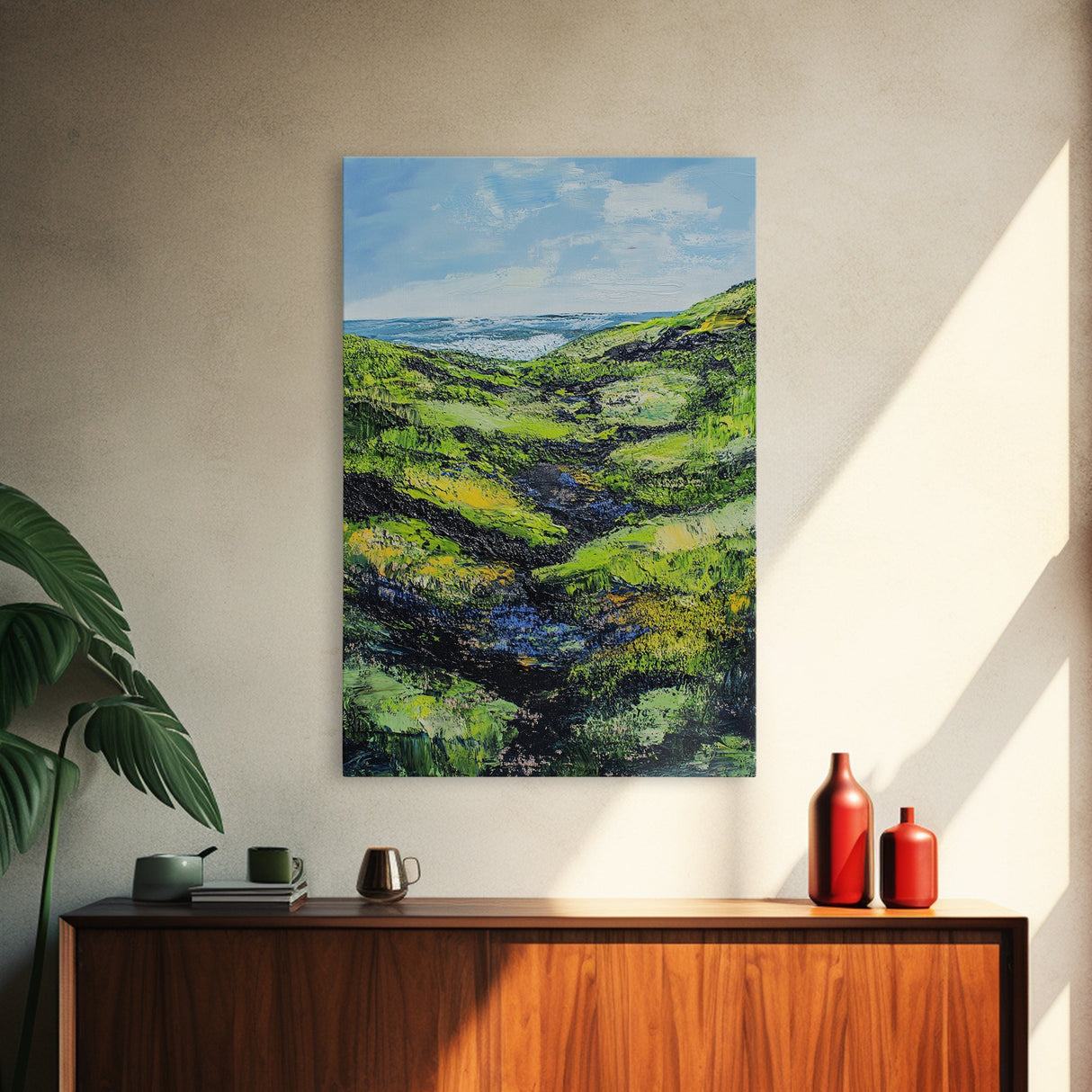 Ireland painting, green wall art, coastal landscape art, wabi sabi art, farmhouse art, Framed Canvas Print, landscape painting