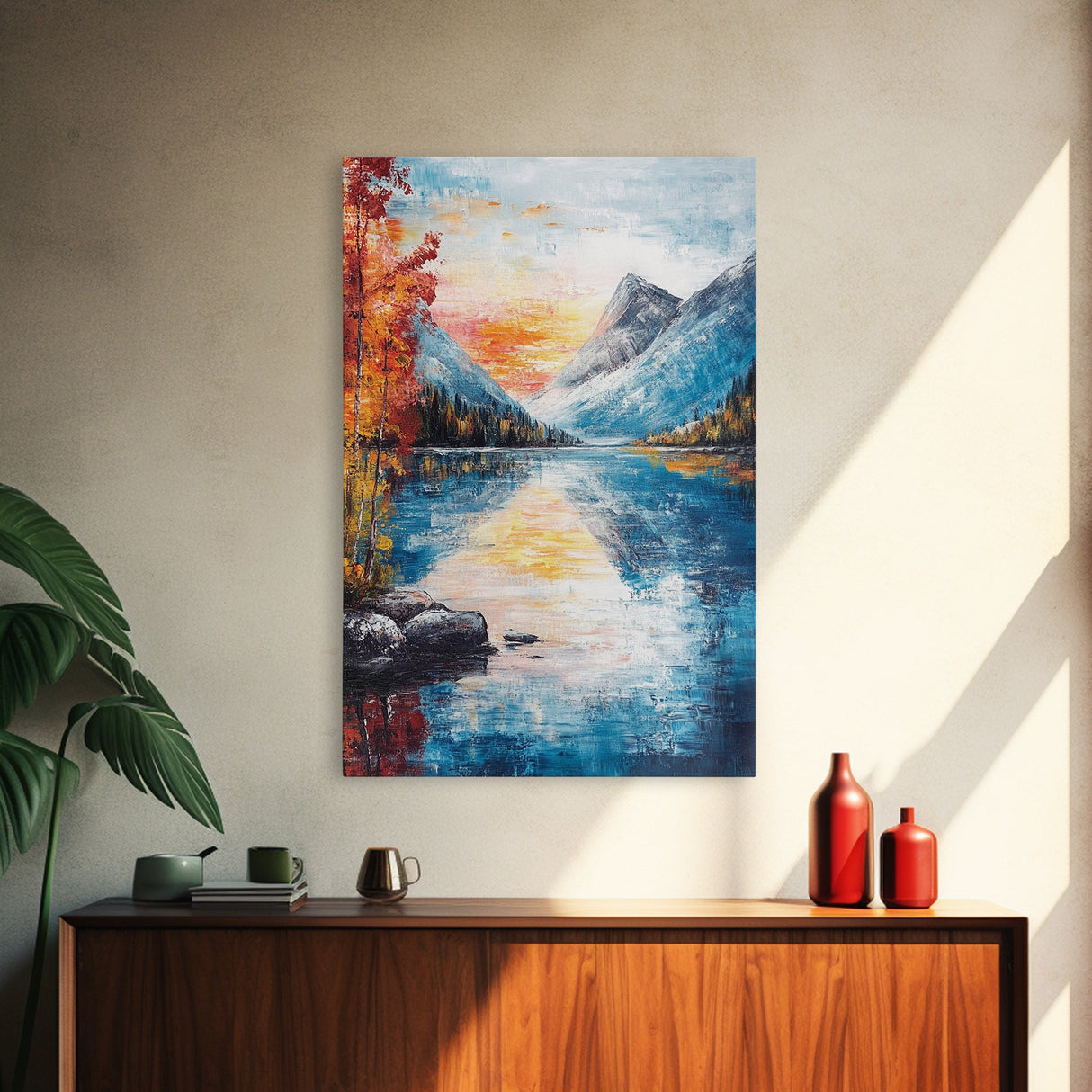 mountain painting, fall art, lake Tahoe art, coastal decor, smoky mountain art, above bed wall art, Framed Canvas Print, landscape painting