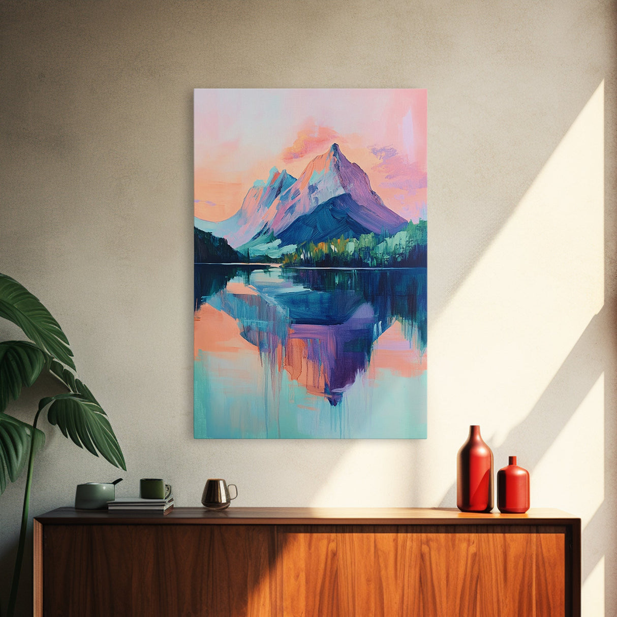 landscape painting, pink orange wall art, sunrise painting, modern art, extra wide art, panoramic art, Framed Canvas Print, moody art