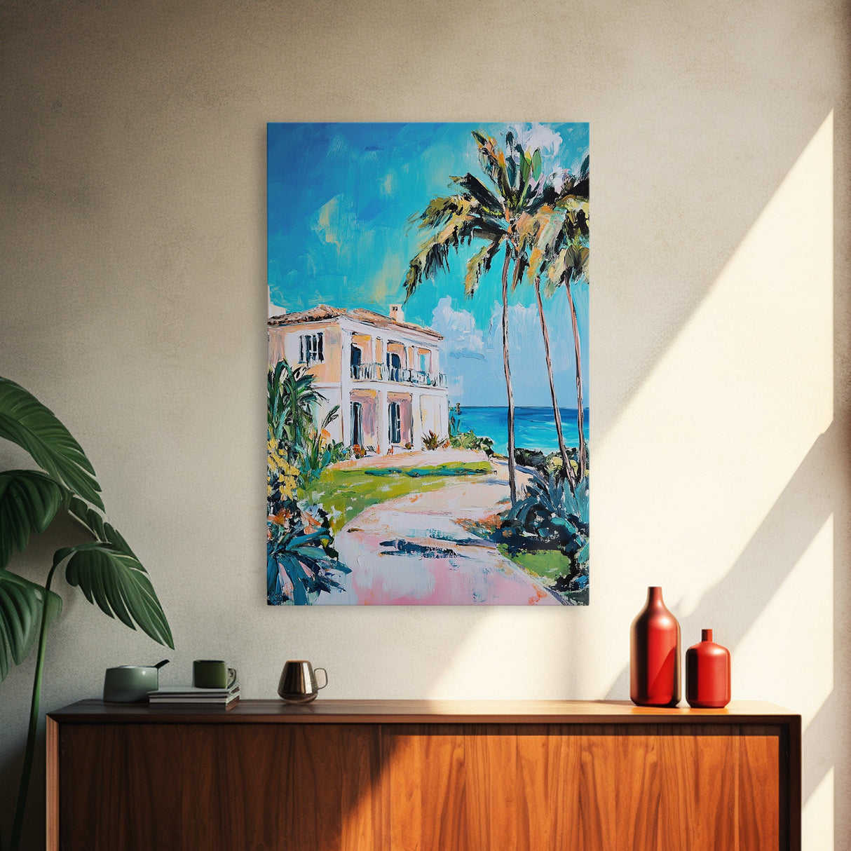 Palm Tree Art, Tropical House Painting, Coastal Landscape Art, Framed Canvas Print, Nautical Painting, Coastal Decor, Boho Art