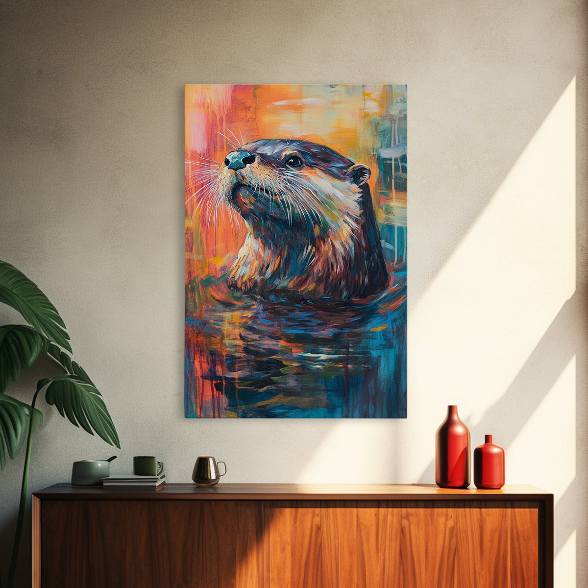 Otter Portrait, wildlife painting, whimsical art, blue and green wall art, Canvas Print, original painting, rustic wall art, gift idea
