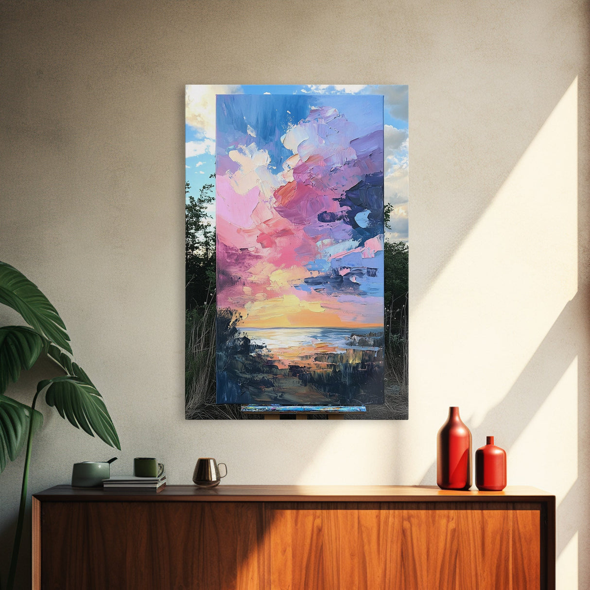 Sunset Beach, seascape painting, coastal wall art, nautical decor, panoramic painting, above bed wall art, framed canvas print