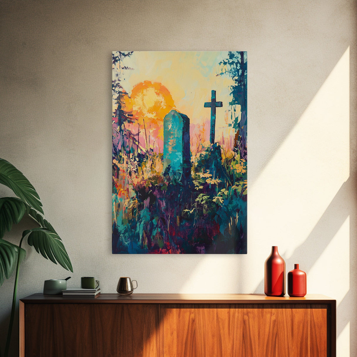 Graveyard Sunset, dark romance painting, gothic wall art, moody art, vintage folk art, atmospheric painting, framed canvas print