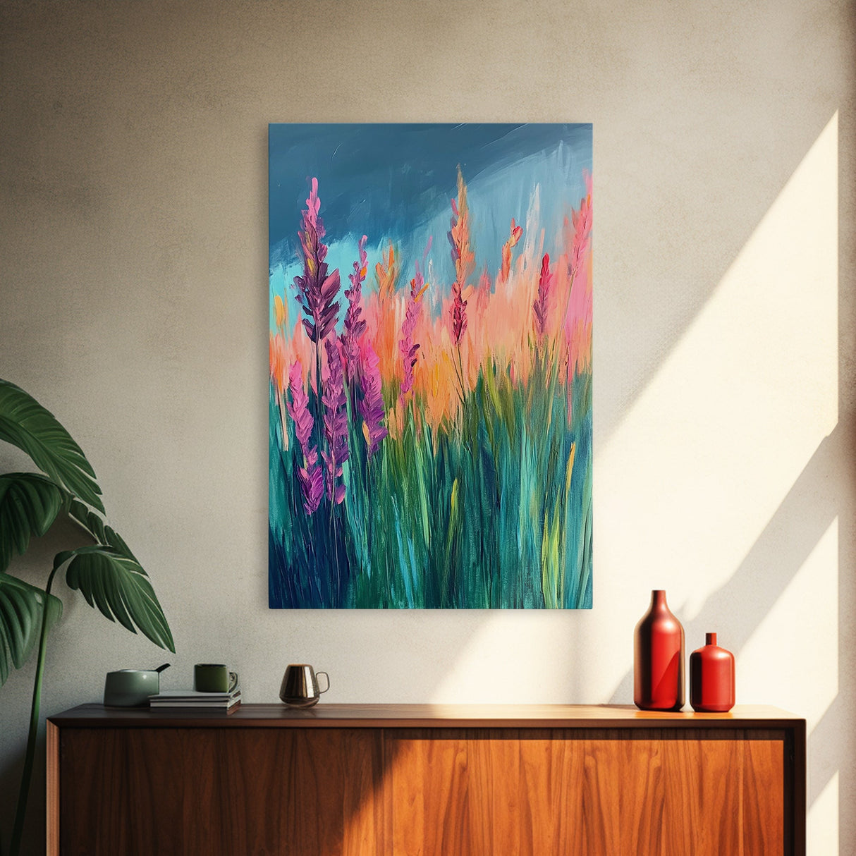 Wildflower Painting, poppy wall art, pink orange wall art, floral landscape, botanical prints, framed canvas print, rustic wall art