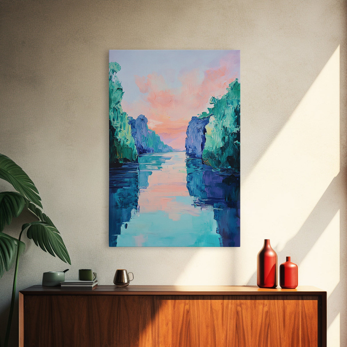 Sunset Lake Painting, landscape painting, pink orange wall art, moody art, lake Tahoe art, framed canvas print, minimalist art