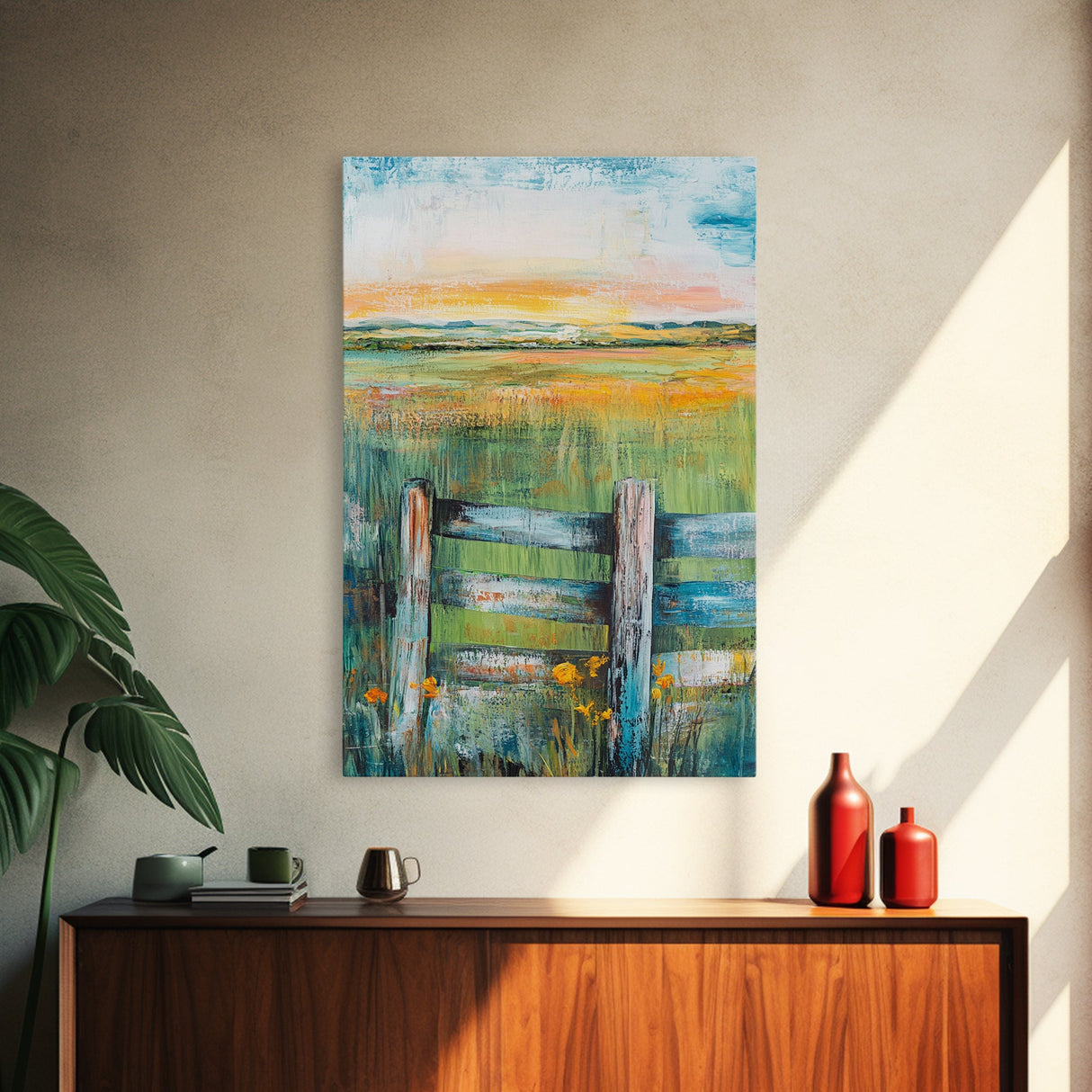 Field Sunset, wildflower painting, landscape painting, rustic wall art, nature wall art, bedroom art, framed canvas print, home decor