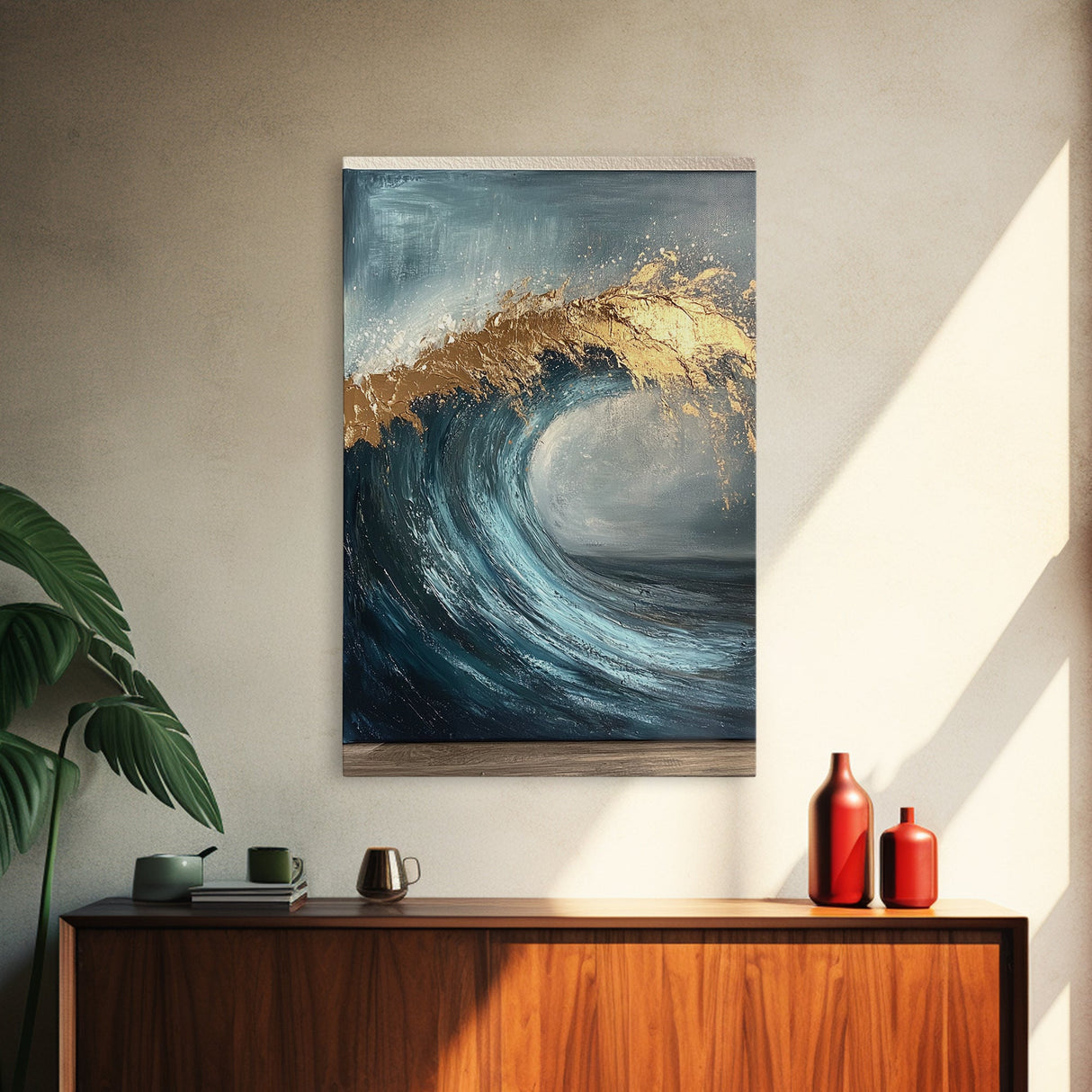 Majestic Ocean Wave Canvas Print Abstract Coastal Art, Gold and Blue Beach Wall Decor, Surfing Aesthetic, Living Room Accent