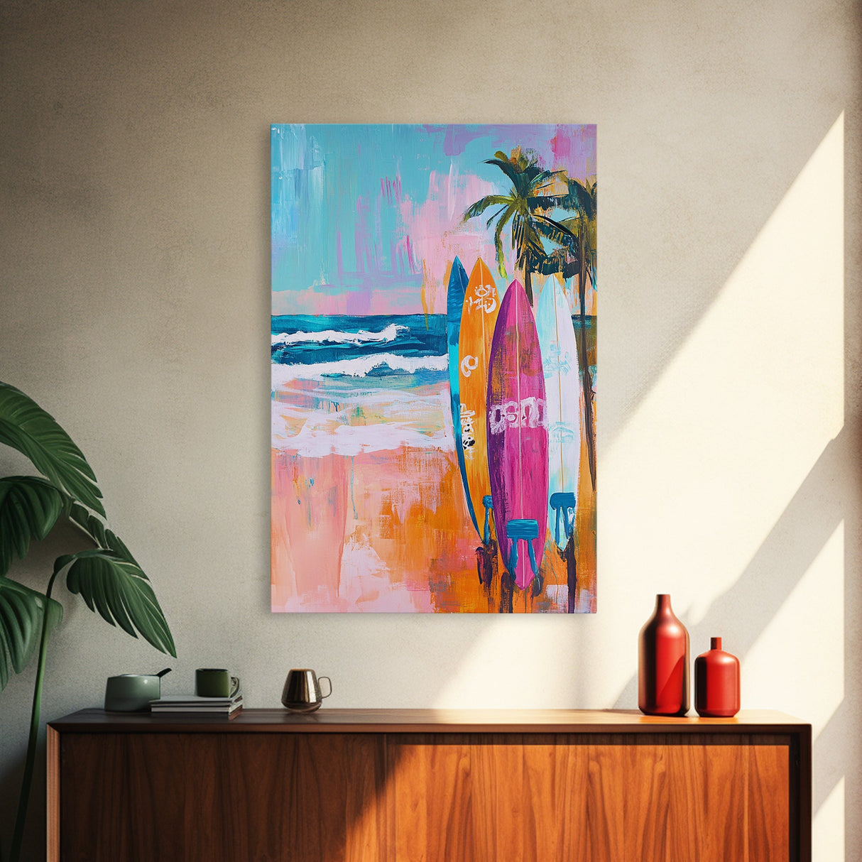 Surfboards Beach Canvas Print | Tropical Wall Art | Coastal Home Decor | Boho Surf Painting | Summer Vibes | Ocean Lovers Gift