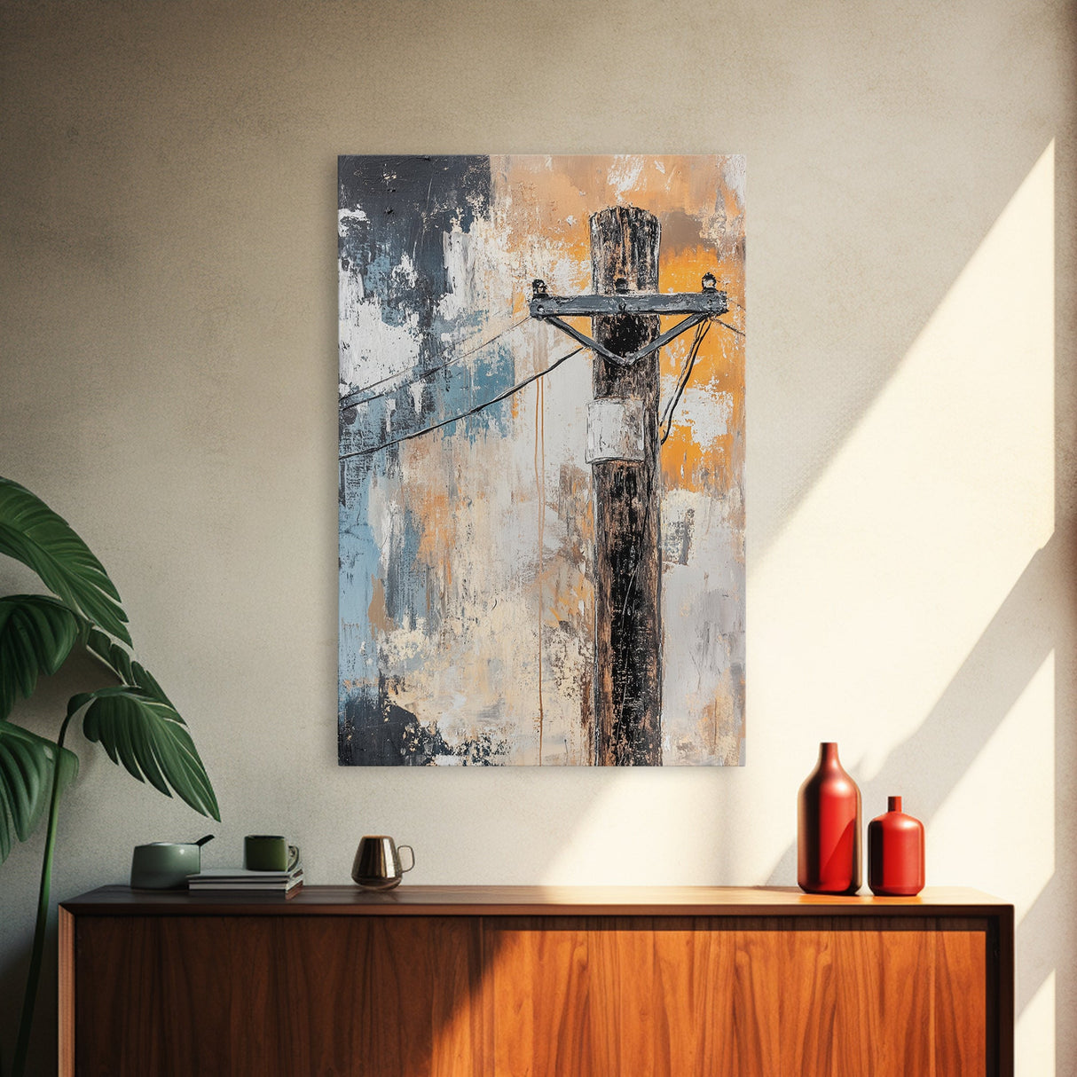 Rustic Telephone Pole Framed Canvas Print Industrial Wall Art, Urban Grunge Decor, Abstract Cityscape Painting, Modern Office Artwork