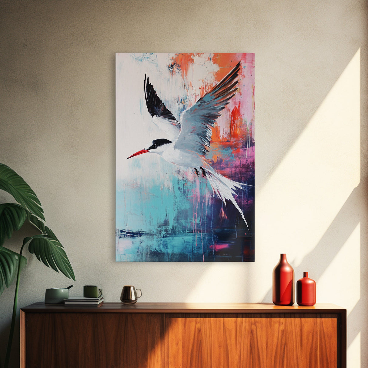 Soaring Bird Framed Canvas Print Coastal Wall Art, Seabird Painting, Ocean Blue Decor, Modern Minimalist Art, Vibrant Nature Artwork