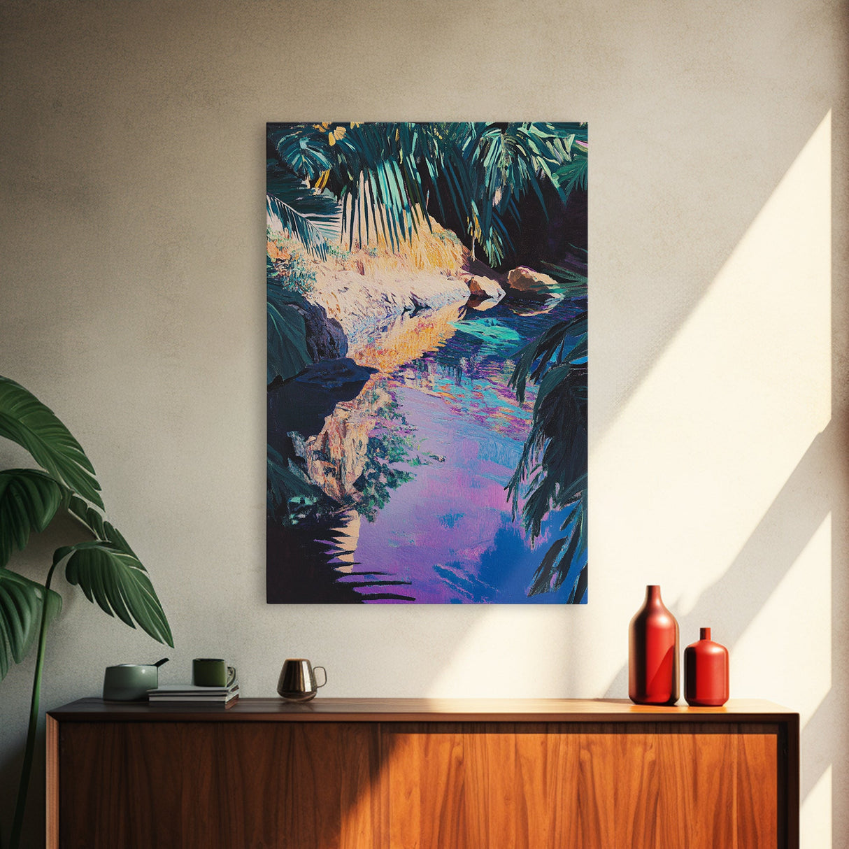 Tropical Reflections Framed Canvas Print Jungle River Wall Art, Boho Nature Decor, Vibrant Exotic Landscape, Relaxing Living Room Art