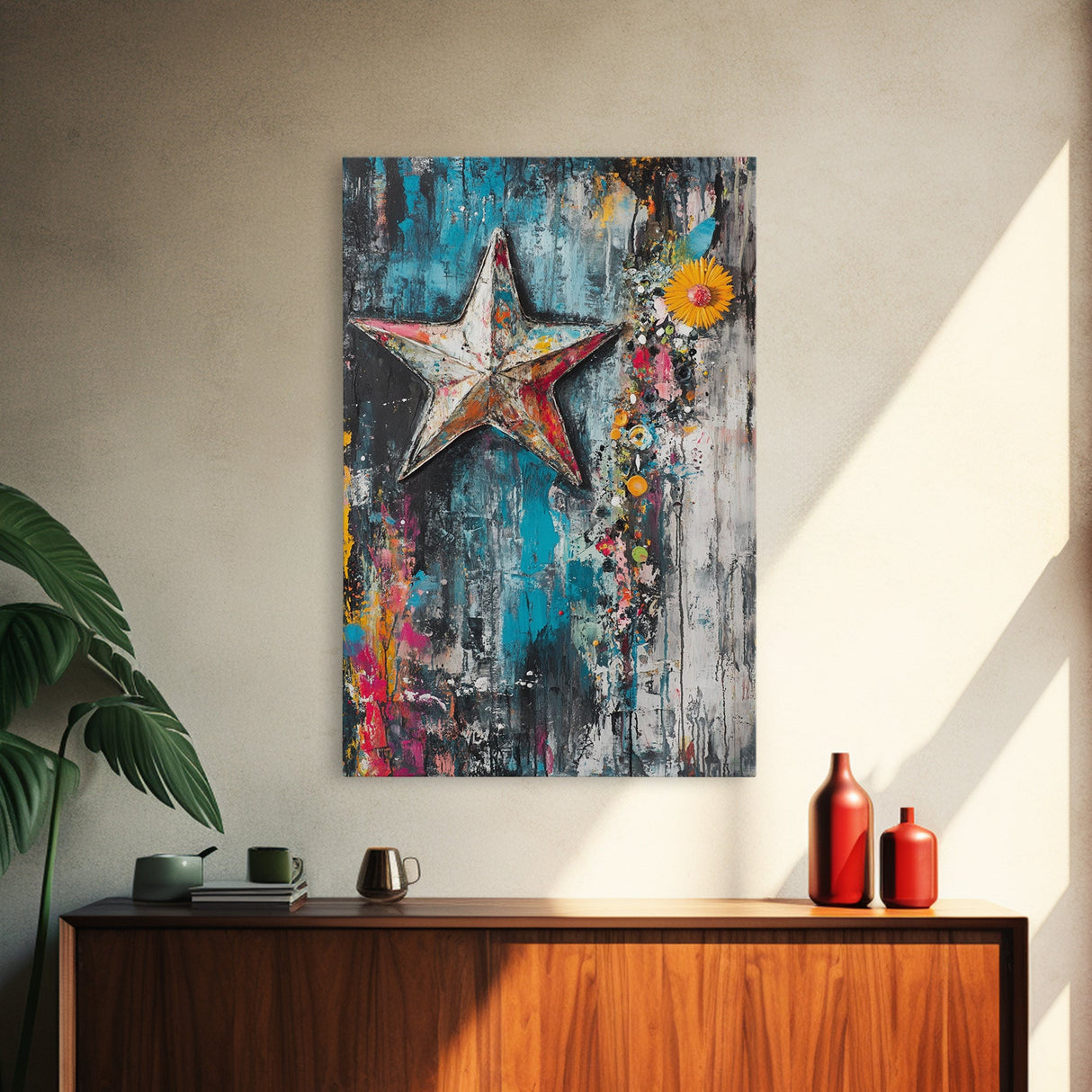 Metal Star Rustic Framed Canvas Print Patriotic Wall Art, Western Home Decor, Distressed Americana Artwork, Country Farmhouse Style