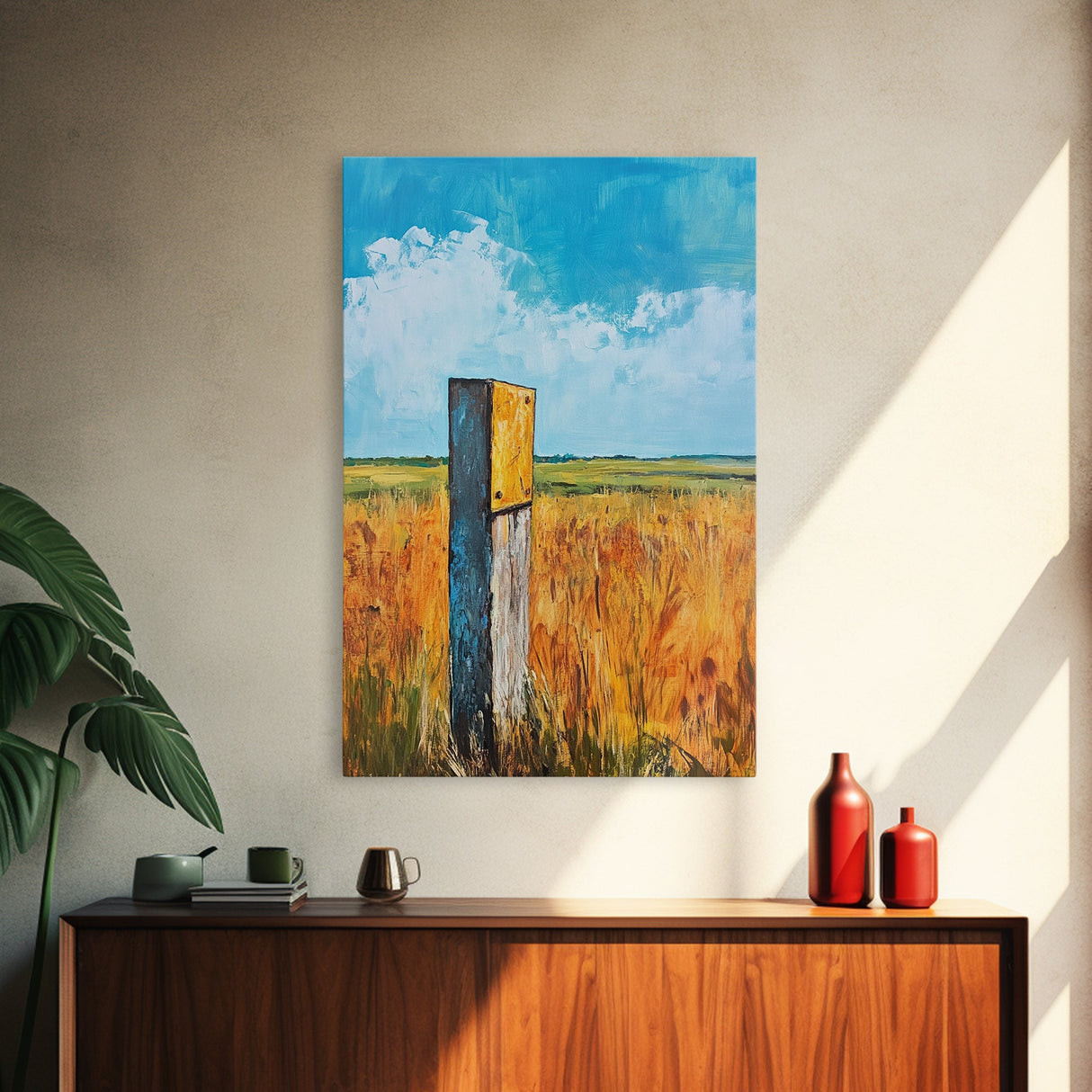 Rural Field Sign Canvas Print Country Landscape Art Farmhouse Wall Decor Rustic Nature Painting Warm Autumn Colors Cozy Home Aesthetic