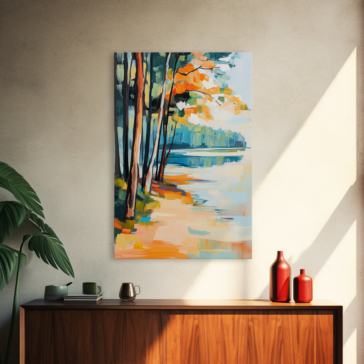 Lakeside Forest Art Framed Canvas Print Autumn Landscape Painting Serene Nature Wall Decor Warm Cozy Home Aesthetic Rustic Living Room