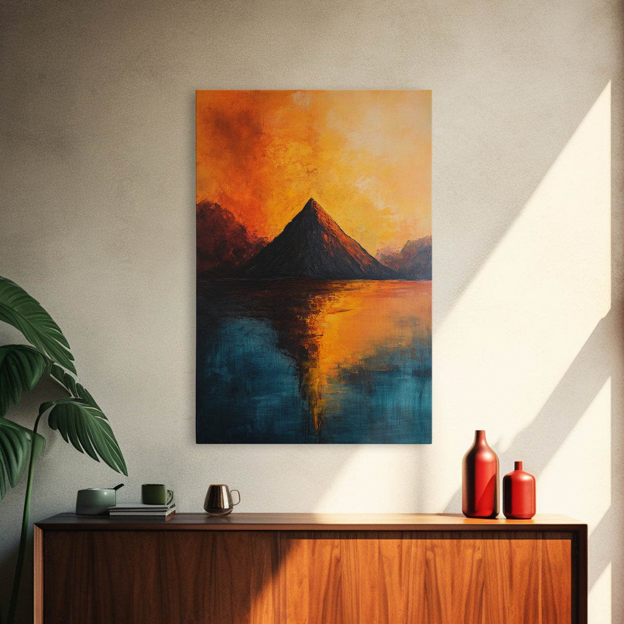 Volcano Eruption Landscape Framed Canvas Print Fiery Nature Wall Art Dramatic Sunset Mountain Scene Living Room Statement Piece