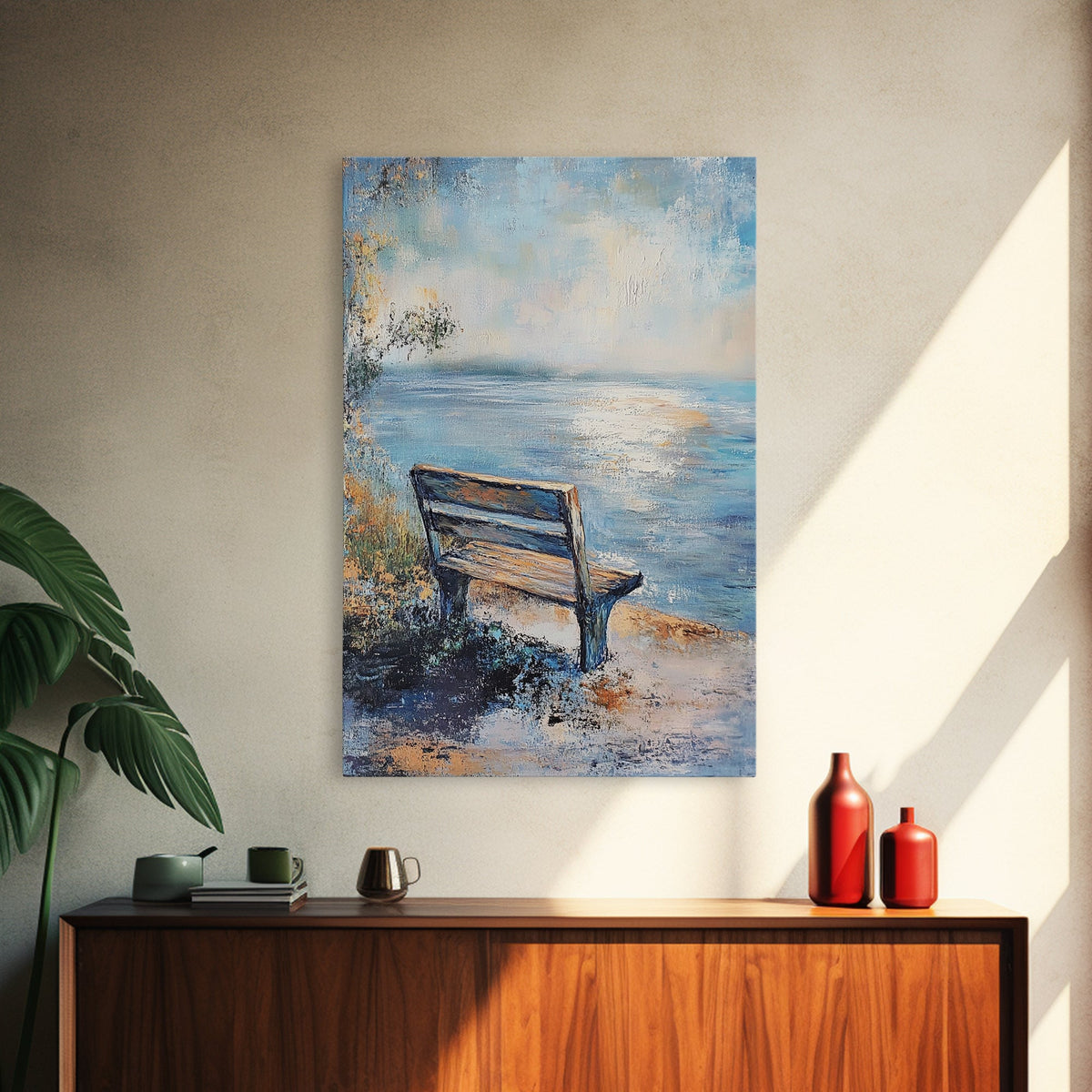 Serene Bench Canvas Print Lakeside Tranquility Peaceful Landscape Wall Art Cozy Home Decor Living Room Relaxation Gift