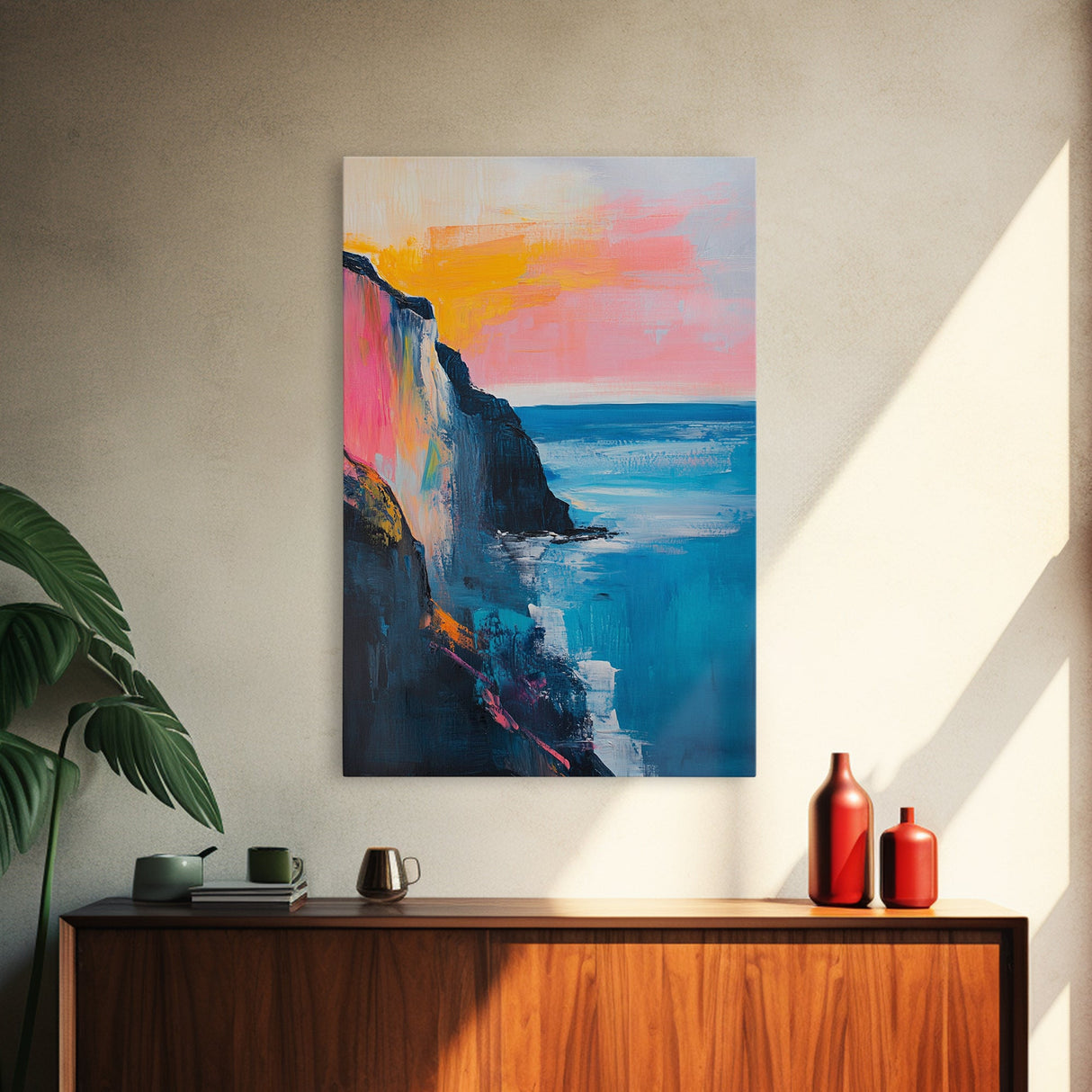 Sunset Cliff Framed Canvas Print Coastal Seascape Wall Art Vibrant Ocean Painting Modern Beach House Decor Relaxing Home Gift