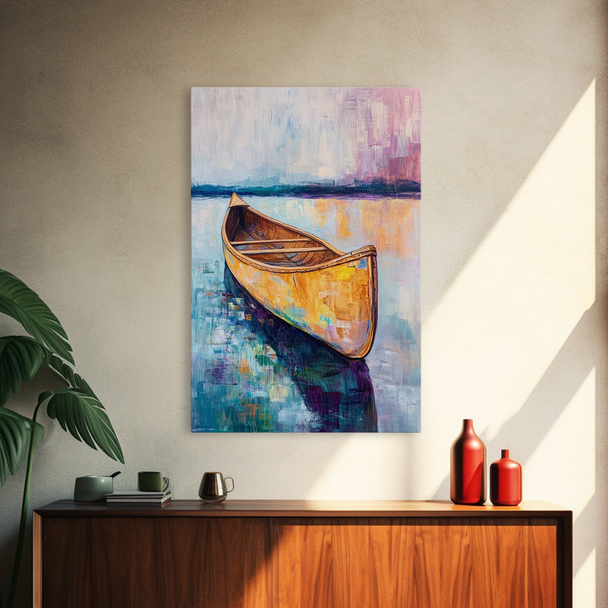 Wooden Canoe, Coastal Landscape Art, Nautical Wall Art, Seascape Painting, Lake Tahoe Art, Extra Wide Art, Framed Canvas Print