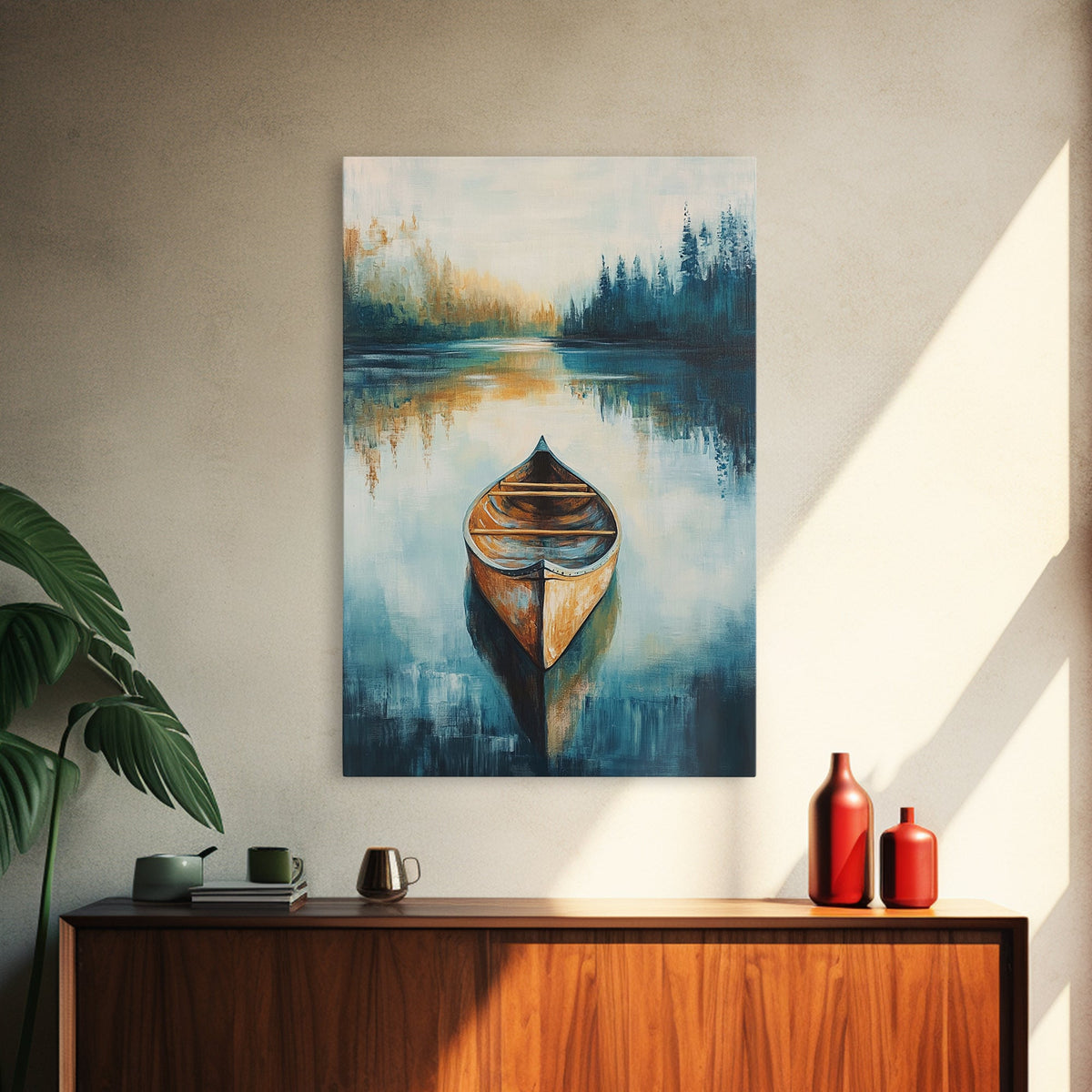Still Water Canoe, Lake Tahoe Art, Nautical Painting, Rustic Wall Art, Moody Art, Extra Wide Art, Above Couch Art, Canvas Print