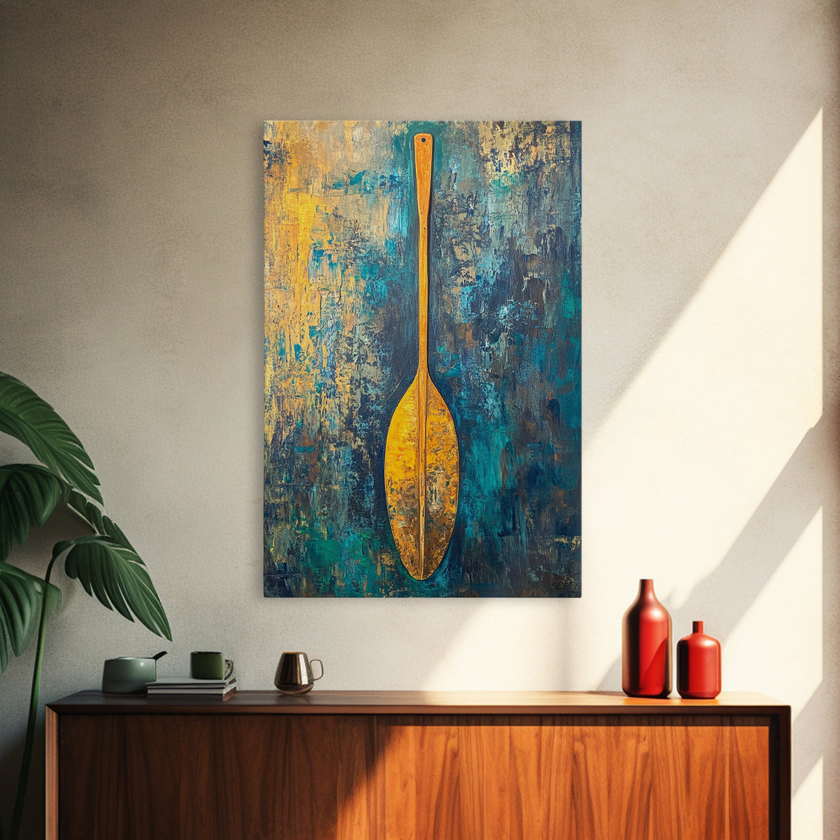 Wooden Paddle, Nautical Wall Art, Rustic Decor, Blue and Green Wall Art, Extra Wide Art, Living Room Art, Framed Canvas Print