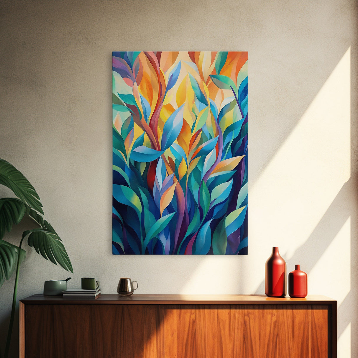 Vibrant Leaves, Botanical Art, Modern Abstract Art, Green Wall Art, Minimalist Art, Living Room Art, Canvas Print, Gift Idea