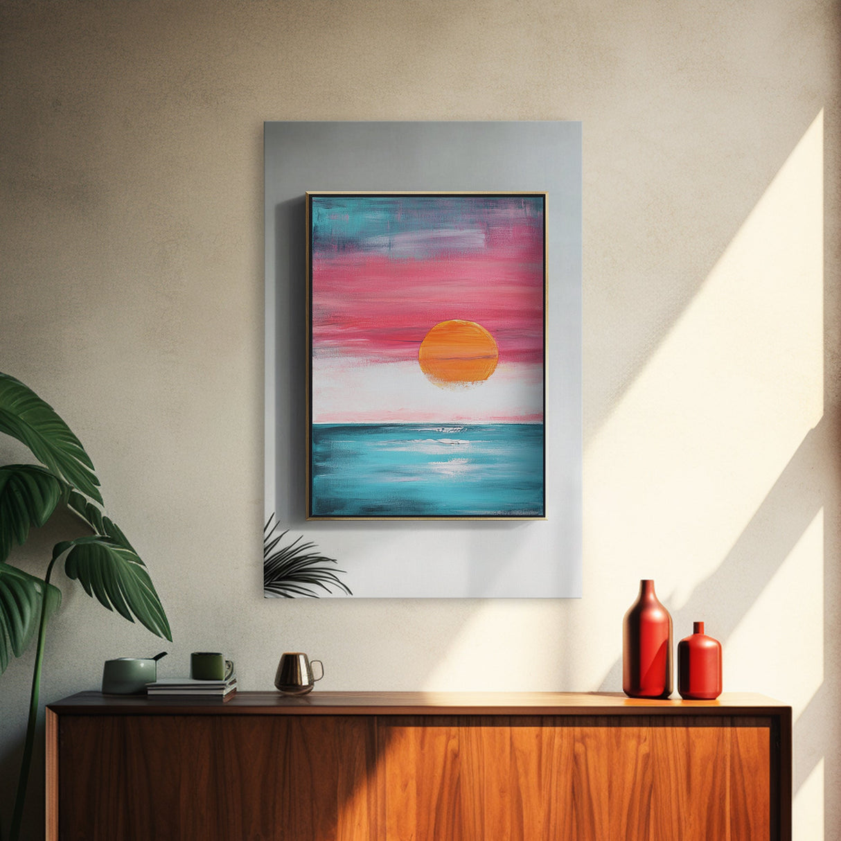 Sunset Horizon, pink orange wall art, nautical painting, coastal decor, above bed wall art, wabi sabi art, Framed Canvas Print, boho art