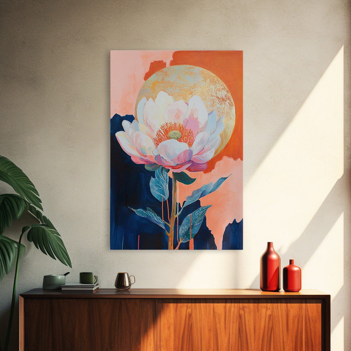 Floral Moon, Wildflower Painting, Pink Orange Wall Art, Light Pink Wall Art, Botanical Prints, Canvas Print, Gift Idea, Boho Art