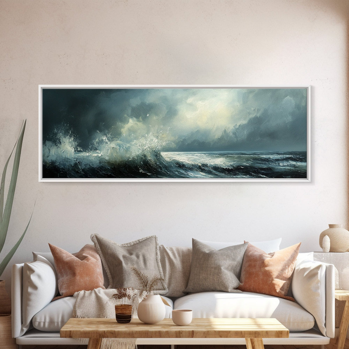 Stormy Ocean Waves Framed Canvas Print Dark Seascape Art, Moody Coastal Decor, Large Nautical Painting, Office or Living Room Art