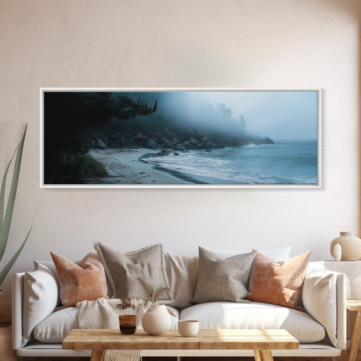 Foggy Beach Framed Canvas Print Moody Coastal Wall Art, Ocean Mist Seascape, Minimalist Nature Print, Tranquil Living Room Decor