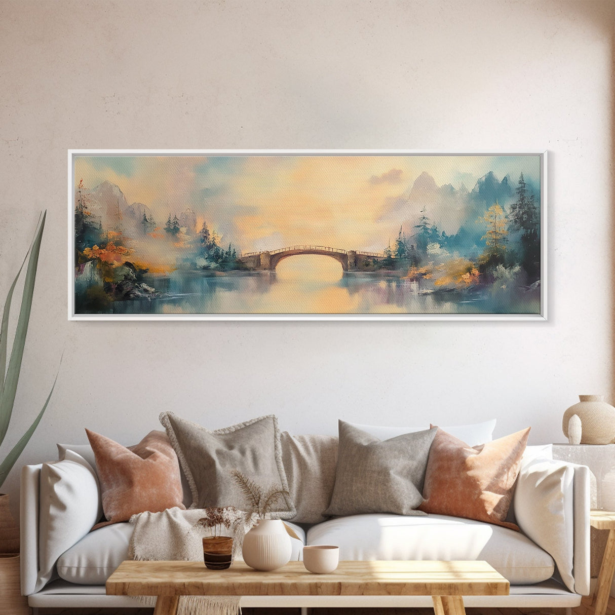 Misty Bridge Framed Canvas Print, Dreamy Lake Landscape Wall Art, Autumn Home Decor, Romantic Nature Painting, Serene Wall Artwork