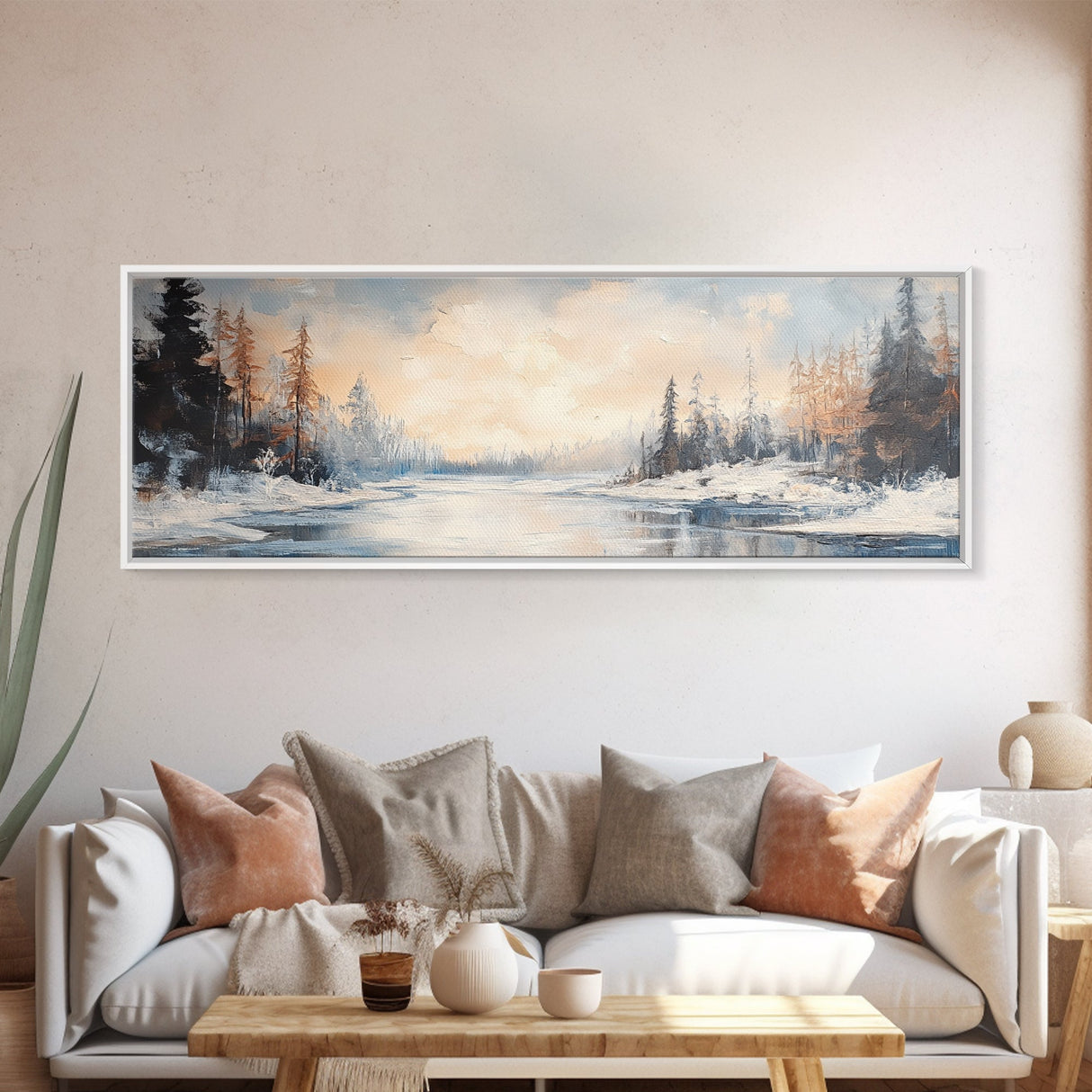 Serene Winter Forest Framed Canvas Print, Snowy Landscape Painting, Cozy Christmas Wall Art, Neutral Rustic Home Decor, Lodge Art