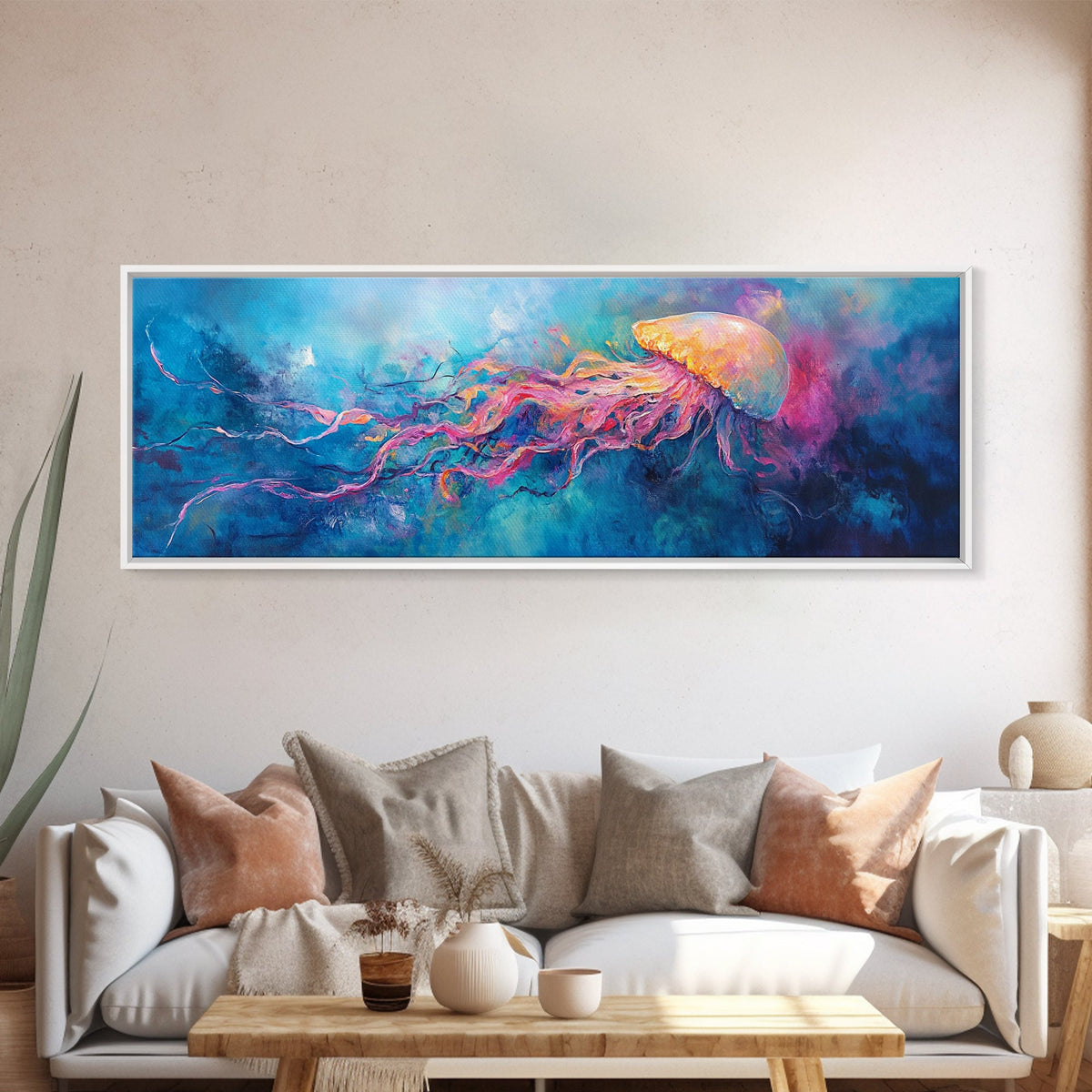 Jellyfish Underwater Fantasy Canvas Print, Vibrant Ocean Life Wall Art, Deep Sea Painting, Marine Bedroom Decor, Nature Lover Gift